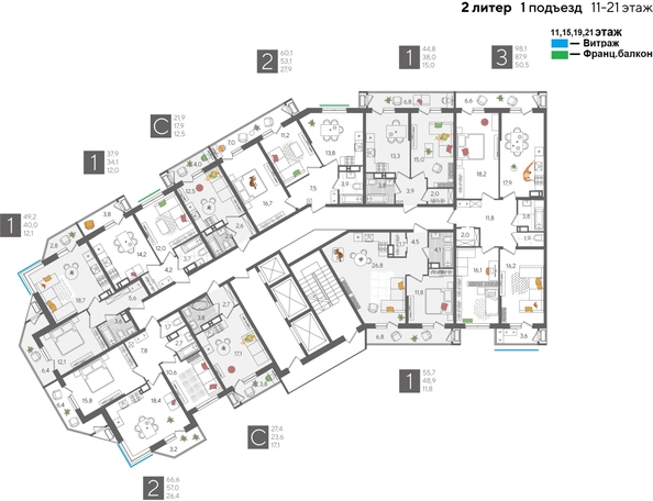 
  Продается 1-комн. квартира, 44.8 м², ЖК Рекорд 2, литера 2
. Фото 2.