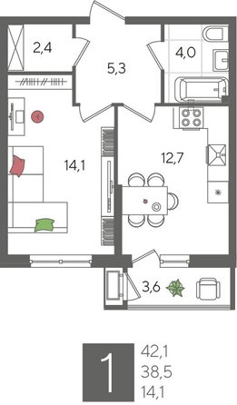 
  Продается 1-комн. квартира, 42.1 м², ЖК Рекорд 2, литера 2
. Фото 1.