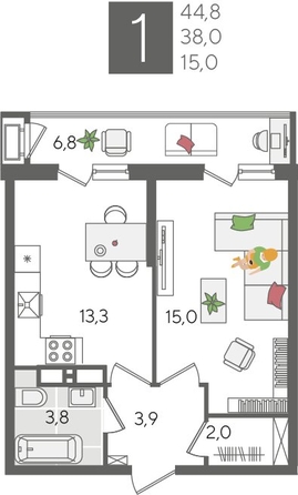 
  Продается 1-комн. квартира 43.7 м², в ЖК Рекорд 2, литера 2. Фото 1.