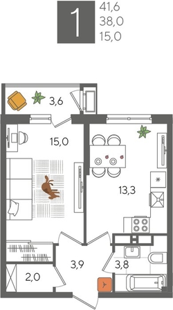 
  Продается 1-комн. квартира 41.2 м², в ЖК Рекорд 2, литера 2. Фото 1.