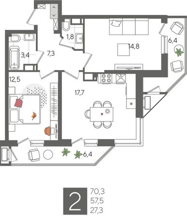 
  Продается 2-комн. квартира 70 м², в ЖК Рекорд 2, литера 2. Фото 1.