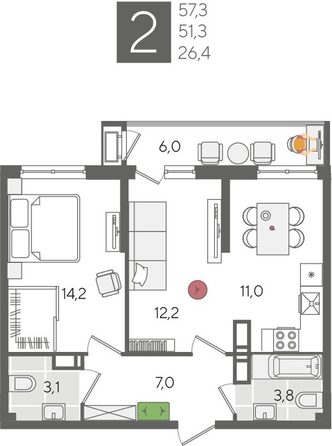 
  Продается 2-комн. квартира 57.1 м², в ЖК Рекорд 2, литера 2. Фото 1.