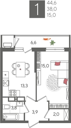 
  Продается 1-комн. квартира, 44.6 м², ЖК Рекорд 2, литера 2
. Фото 1.
