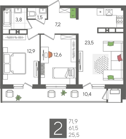 
  Продается 2-комн. квартира 72.2 м², в ЖК Рекорд 2, литера 2. Фото 1.