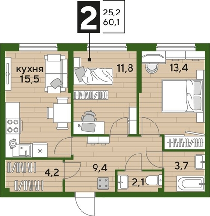 
  Продается 2-комн. квартира, 60.1 м², ЖК DOGMA PARK (Догма парк), лит 12
. Фото 1.