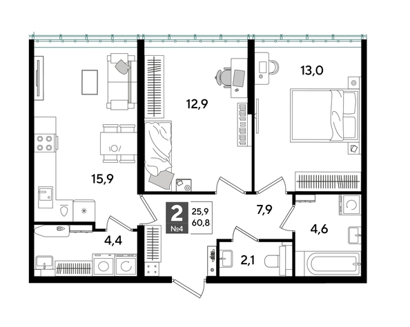 
  Продается 2-комн. квартира, 60.8 м², ЖК DOGMA PARK (Догма парк), лит 13
. Фото 1.
