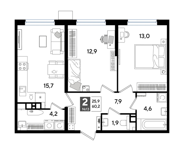 
  Продается 2-комн. квартира, 60.2 м², ЖК DOGMA PARK (Догма парк), лит 13
. Фото 1.