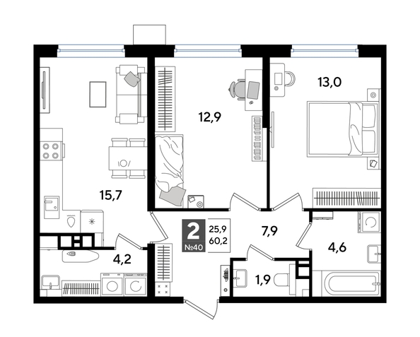 
  Продается 2-комн. квартира 59.3 м², в ЖК ДОГМА ПАРК, лит 13. Фото 1.