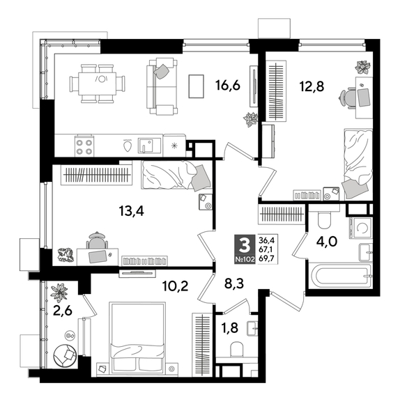 
  Продается 3-комн. квартира, 68.9 м², ЖК DOGMA PARK (Догма парк), лит 17
. Фото 1.