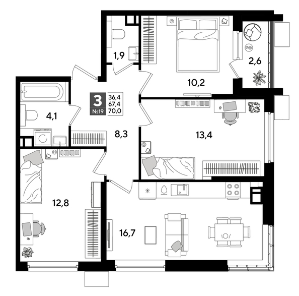 
  Продается 3-комн. квартира, 68.8 м², ЖК DOGMA PARK (Догма парк), литера 19
. Фото 1.