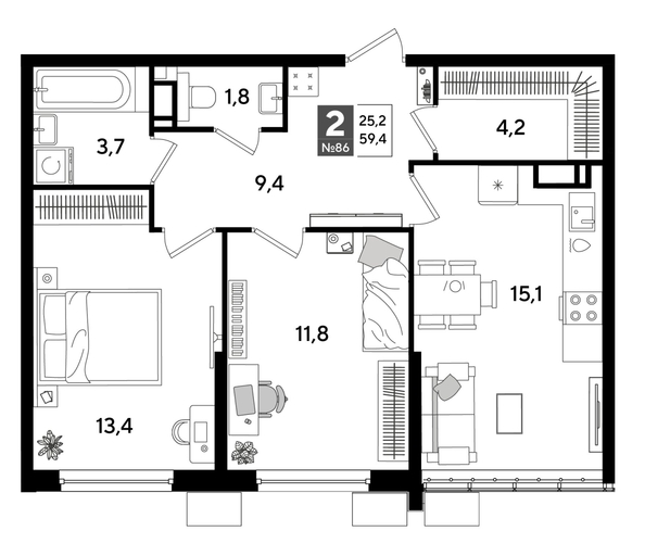 
  Продается 2-комн. квартира, 58.8 м², ЖК DOGMA PARK (Догма парк), литера 19
. Фото 1.