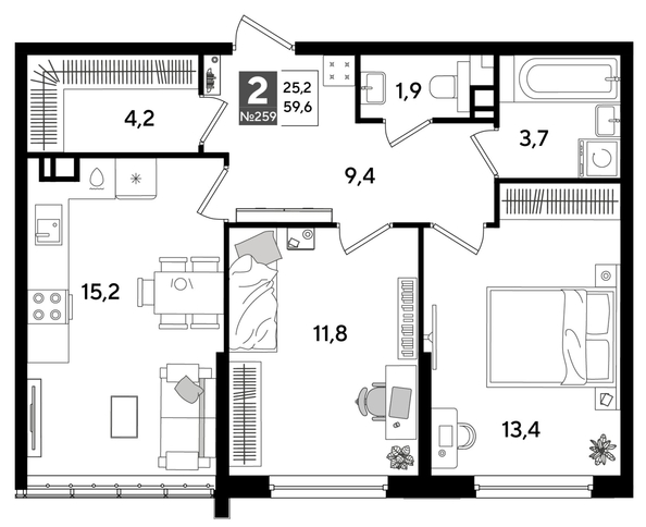 
  Продается 2-комн. квартира, 58.9 м², ЖК DOGMA PARK (Догма парк), литера 19
. Фото 1.