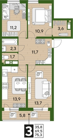 
  Продается 3-комн. квартира, 75.6 м², ЖК DOGMA PARK (Догма парк), литера 21
. Фото 1.