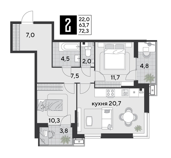 
  Продается 2-комн. квартира, 72.3 м², ЖК Парк Победы 2, литера 19
. Фото 1.