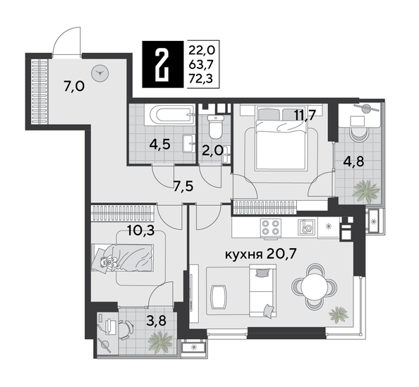 
  Продается 2-комн. квартира 72.3 м². Фото 1.