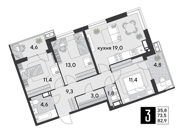 
  Продается 3-комн. квартира, 82.9 м², ЖК Парк Победы 2, литера 19
. Фото 1.