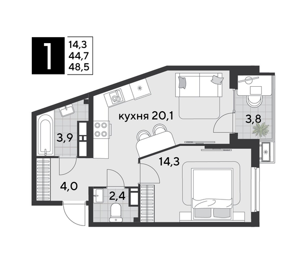 
  Продается 1-комн. квартира, 48.5 м², ЖК Парк Победы 2, литера 21
. Фото 1.