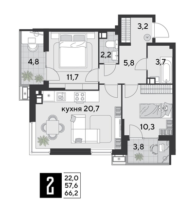 
  Продается 2-комн. квартира, 66.2 м², ЖК Парк Победы 2, литера 21
. Фото 1.
