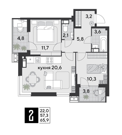 
  Продается 2-комн. квартира, 65.9 м², ЖК Парк Победы 2, литера 21
. Фото 1.