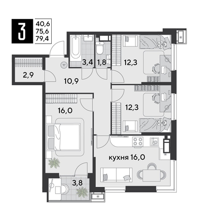 
  Продается 3-комн. квартира 79.4 м², в ЖК Парк Победы 2, литера 21. Фото 2.