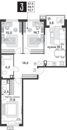 
  Продается 3-комн. квартира, 92.7 м², ЖК Парк Победы 2, литера 31
. Фото 1.