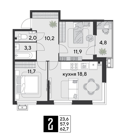 
  Продается 2-комн. квартира 62.7 м², в ЖК Парк Победы 2, литера 30. Фото 1.