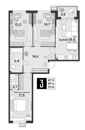 
  Продается 3-комн. квартира 93.4 м², в ЖК Парк Победы 2, литера 30. Фото 1.