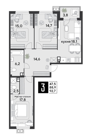 
  Продается 3-комн. квартира, 92.7 м², ЖК Парк Победы 2, литера 30
. Фото 1.