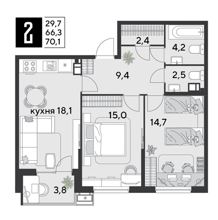 
  Продается 2-комн. квартира, 70.1 м², ЖК Парк Победы 2, литера 30
. Фото 1.
