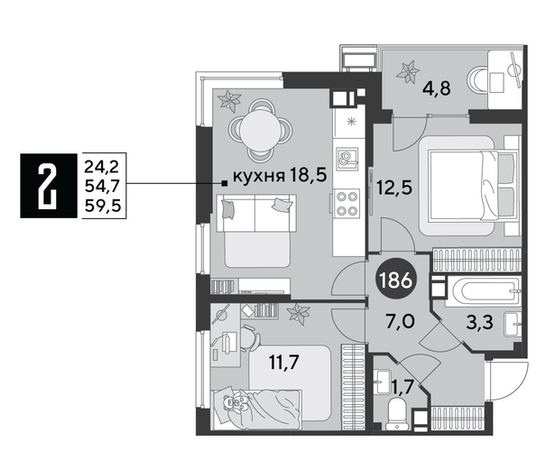 
  Продается 2-комн. квартира, 59.5 м², ЖК Парк Победы 2, литера 6
. Фото 1.