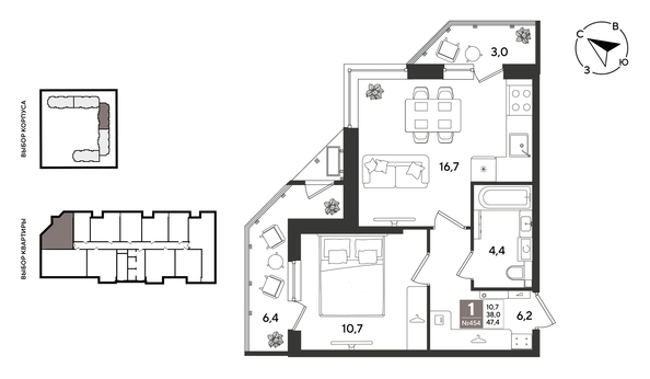 
  Продается 1-комн. квартира 46.6 м², в ЖК Рекорд 2, литера 1. Фото 1.