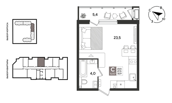 
  Продается студия 32.6 м², в ЖК Рекорд 2, литера 1. Фото 1.