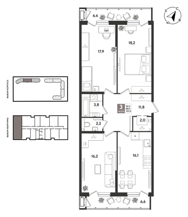 
  Продается 3-комн. квартира 101 м², в ЖК Рекорд 2, литера 2. Фото 1.