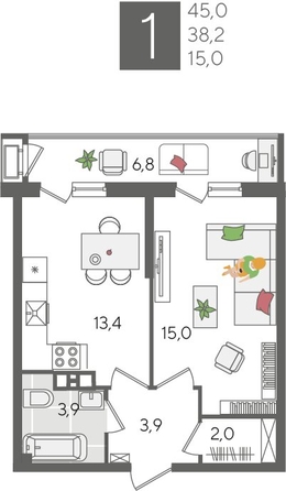 
  Продается 1-комн. квартира 44.4 м², в ЖК Рекорд 2, литера 2. Фото 1.