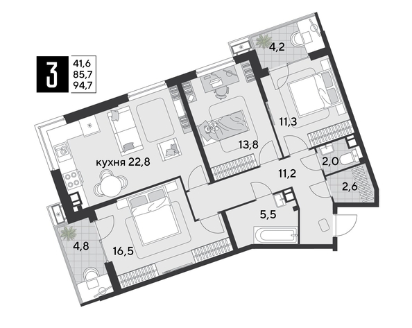 
  Продается 3-комн. квартира 94.7 м², в ЖК Парк Победы 2, литера 21. Фото 1.