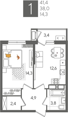 
  Продается 1-комн. квартира 41.4 м², в ЖК Рекорд 2, литера 5. Фото 1.
