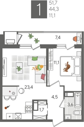 
  Продается 1-комн. квартира 51.7 м², в ЖК Рекорд 2, литера 5. Фото 1.