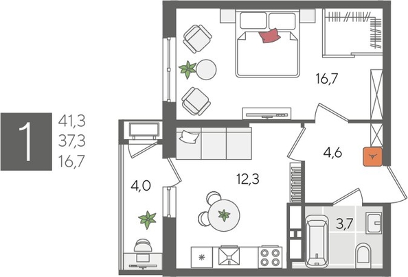 
  Продается 1-комн. квартира 41.3 м², в ЖК Рекорд 2, литера 5. Фото 1.
