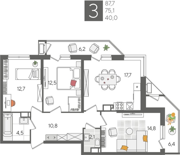
  Продается 3-комн. квартира 87.7 м², в ЖК Рекорд 2, литера 5. Фото 1.