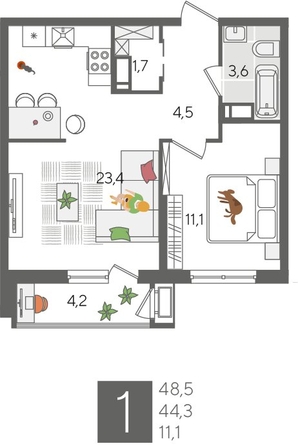 
  Продается 1-комн. квартира 48.5 м², в ЖК Рекорд 2, литера 5. Фото 1.
