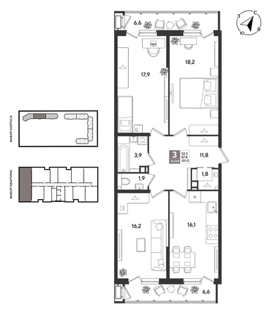 
  Продается 3-комн. квартира 100.3 м², в ЖК Рекорд 2, литера 2. Фото 1.