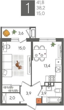 
  Продается 1-комн. квартира 41.4 м², в ЖК Рекорд 2, литера 2. Фото 1.