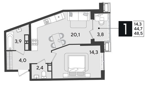 
  Продается 1-комн. квартира 48.5 м², в ЖК Парк Победы 2, литера 21. Фото 1.