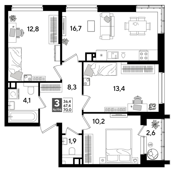 
  Продается 3-комн. квартира 68.6 м², в ЖК ДОГМА ПАРК, литера 15. Фото 1.