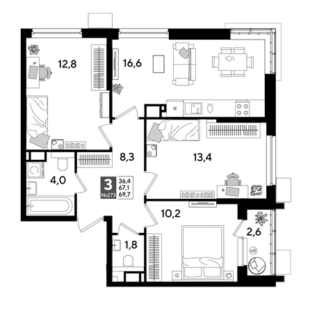 
  Продается 3-комн. квартира 68.5 м², в ЖК ДОГМА ПАРК, лит 17. Фото 1.