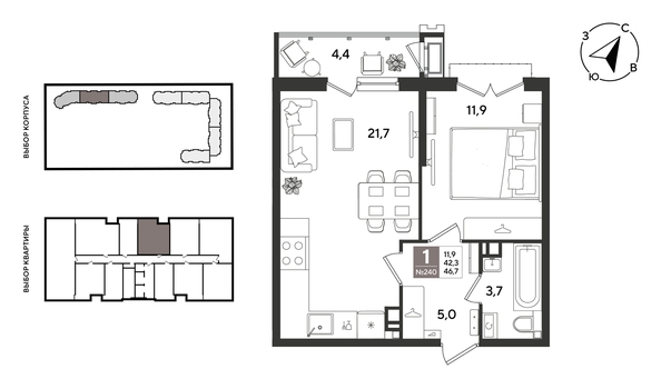 
  Продается 1-комн. квартира 46.3 м², в ЖК Рекорд 2, литера 2. Фото 1.