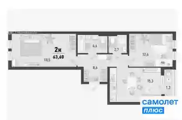 
  Продается 2-комн. квартира 63.6 м², в ЖК Барса, 3В литер. Фото 11.
