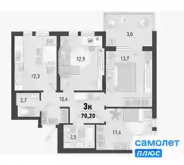 
  Продается 3-комн. квартира 70.2 м², в ЖК Барса, 3В литер. Фото 11.