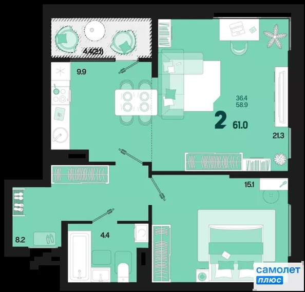 
  Продается 2-комн. квартира 61 м², в ЖК Первое место, квартал 1.1, литер 1. Фото 15.