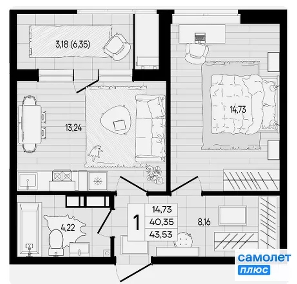 
  Продается 1-комн. квартира 43.5 м², в ЖК Форма, литер 1. Фото 7.